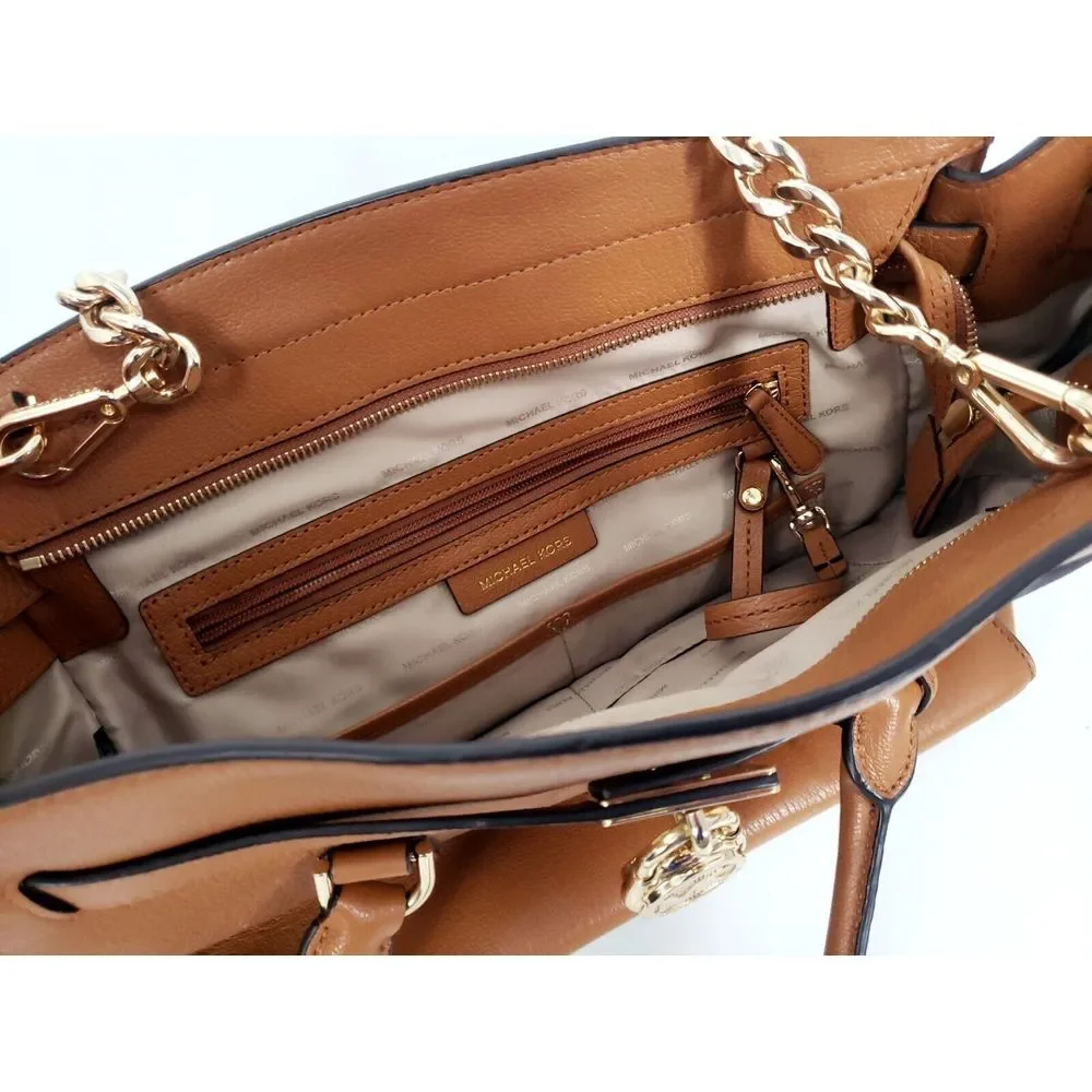 Michael Kors Hamilton Traveler Tote Pebbled Leather Handbag Tan Brown Key & Lock